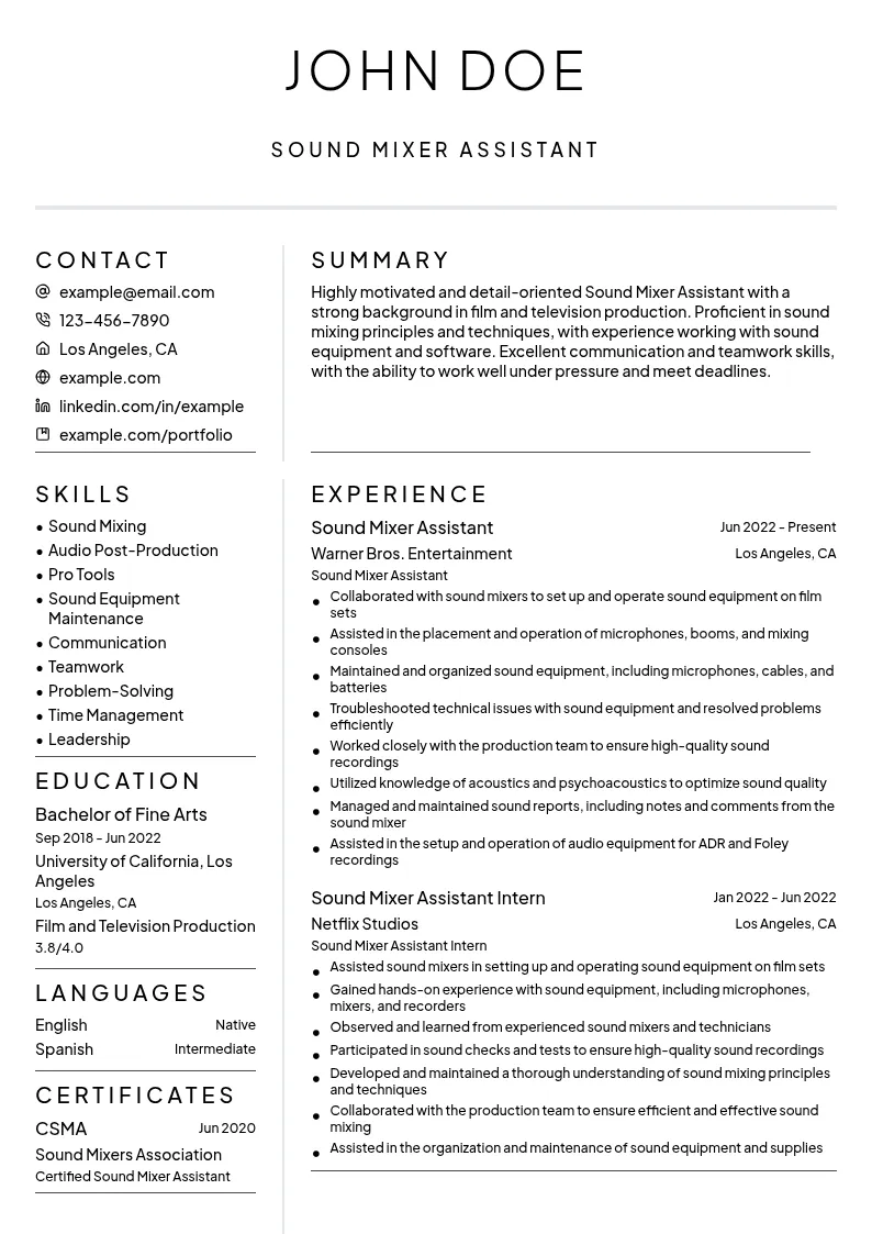 Sound Mixer Assistant resume example