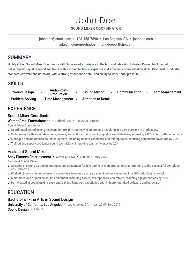Sound Mixer Coordinator resume example