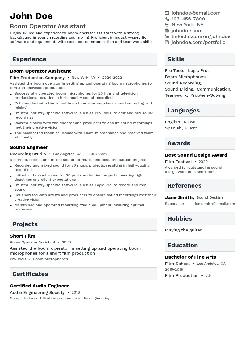Boom Operator Assistant resume example