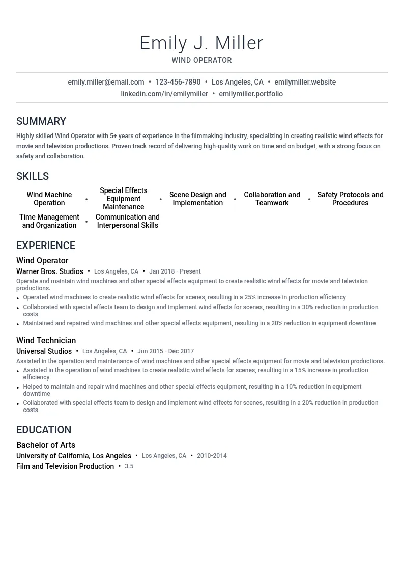 Wind Operator resume example