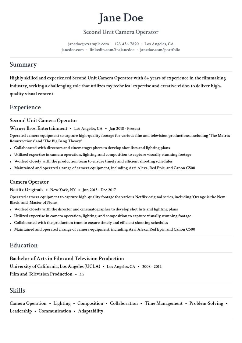 Second Unit Camera Operator resume example