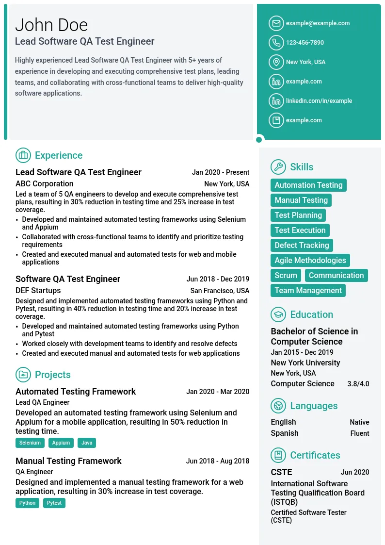 Lead Software QA Test Engineer resume example