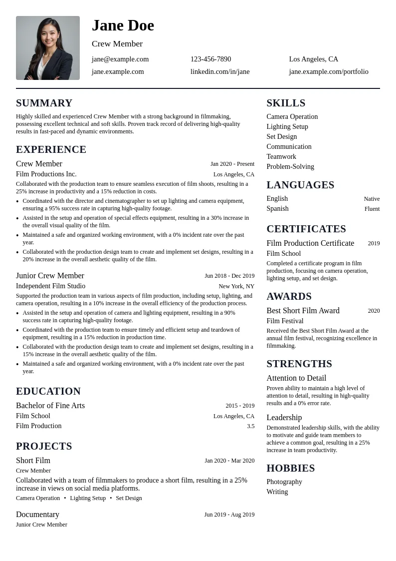 Crew Member resume example