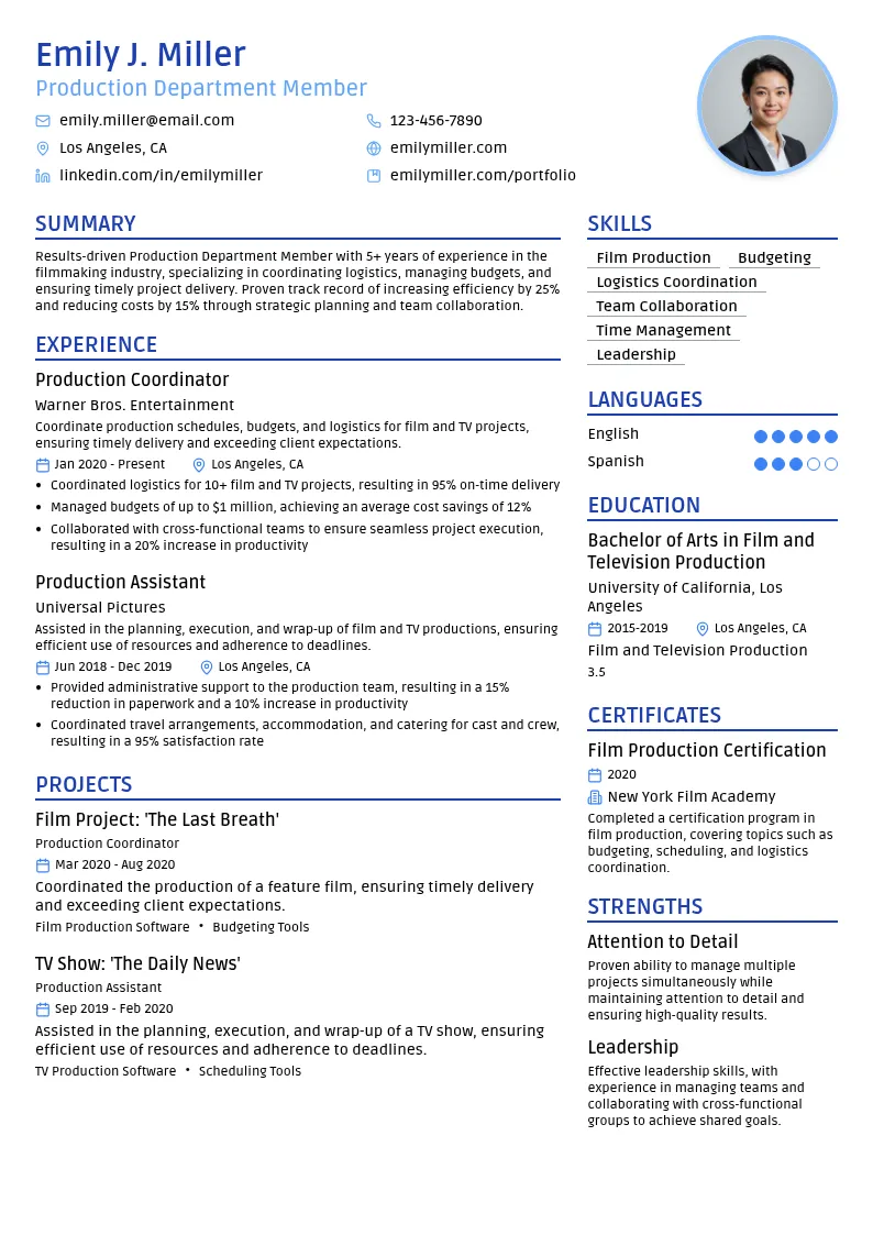 Production Department Member resume example