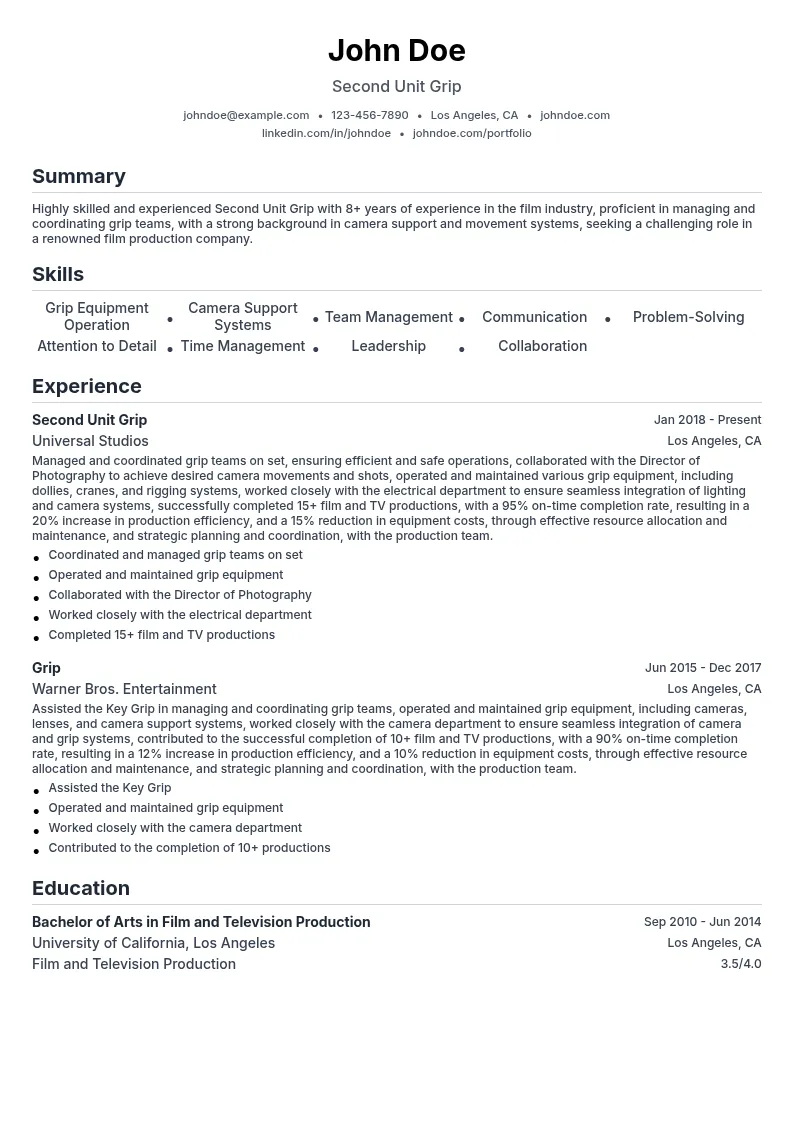 Second Unit Grip resume example