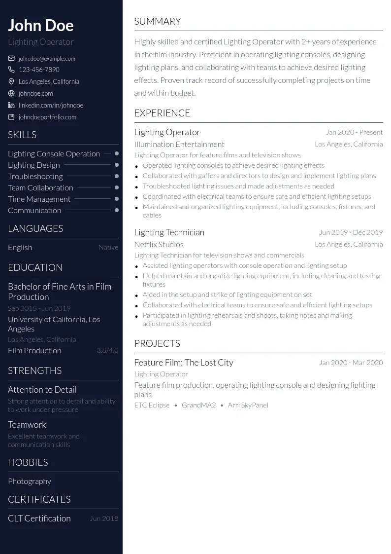 Lighting Operator resume example