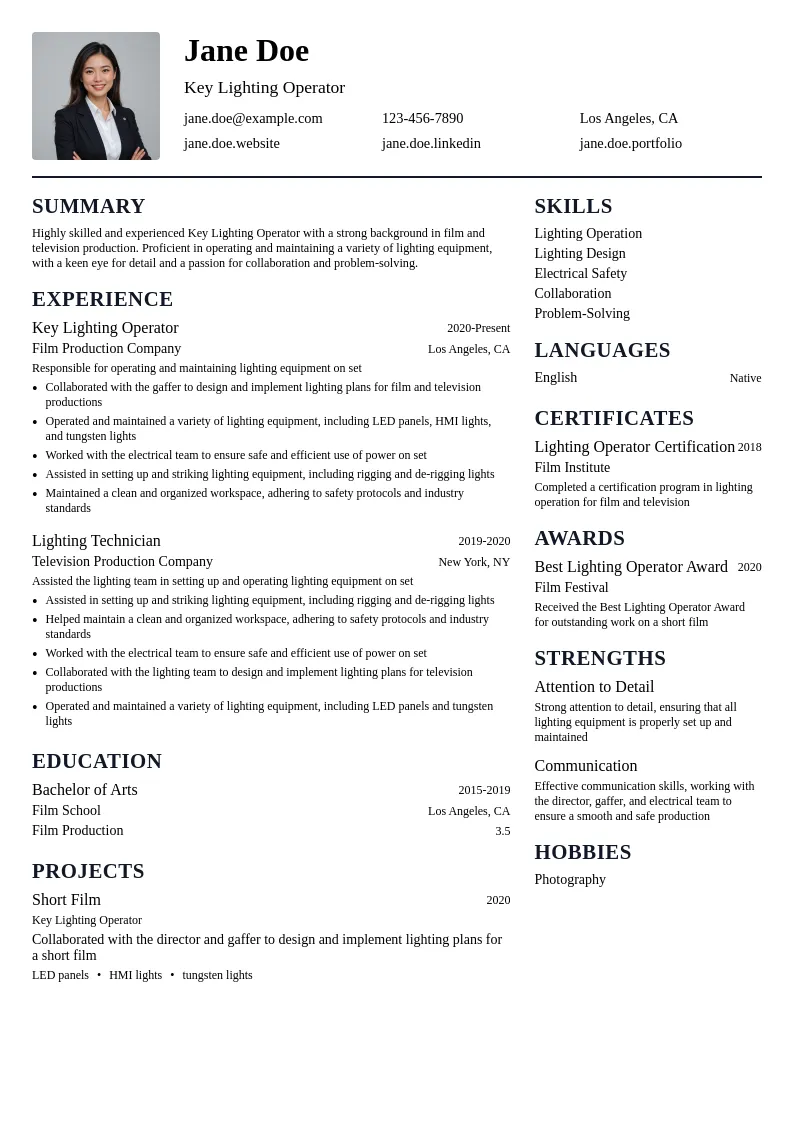 Key Lighting Operator resume example