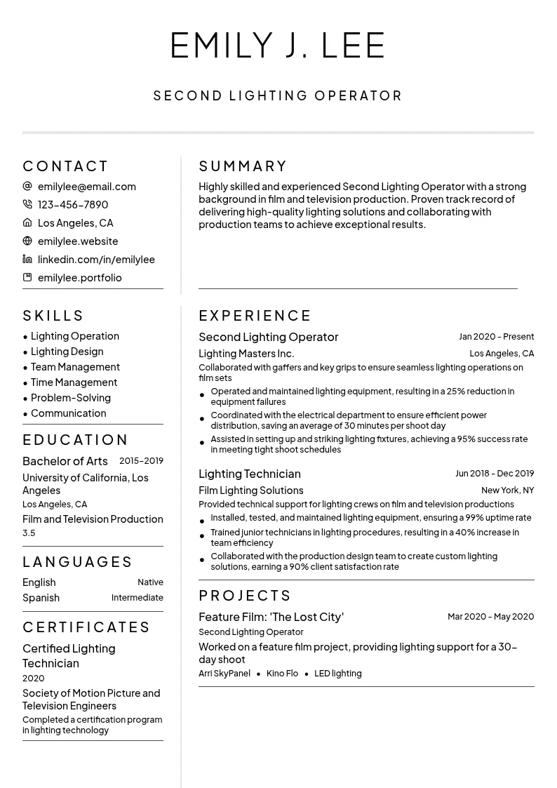 Second Lighting Operator resume example