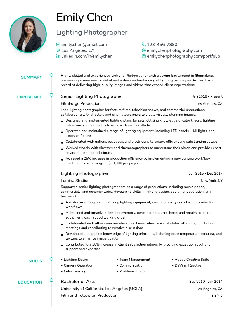 Lighting Photographer resume example