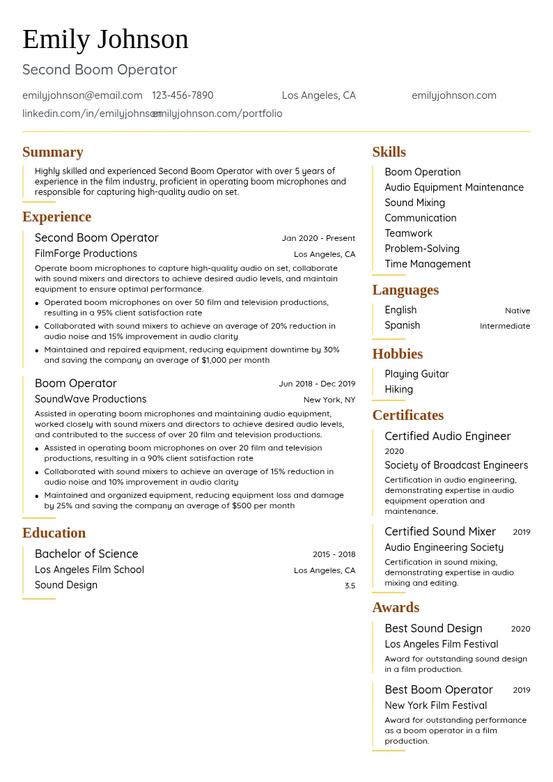 Second Boom Operator resume example