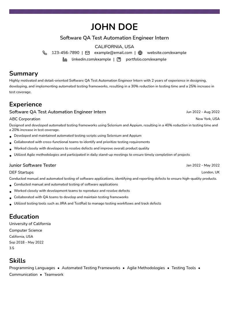 Software QA Test Automation Engineer Intern resume example