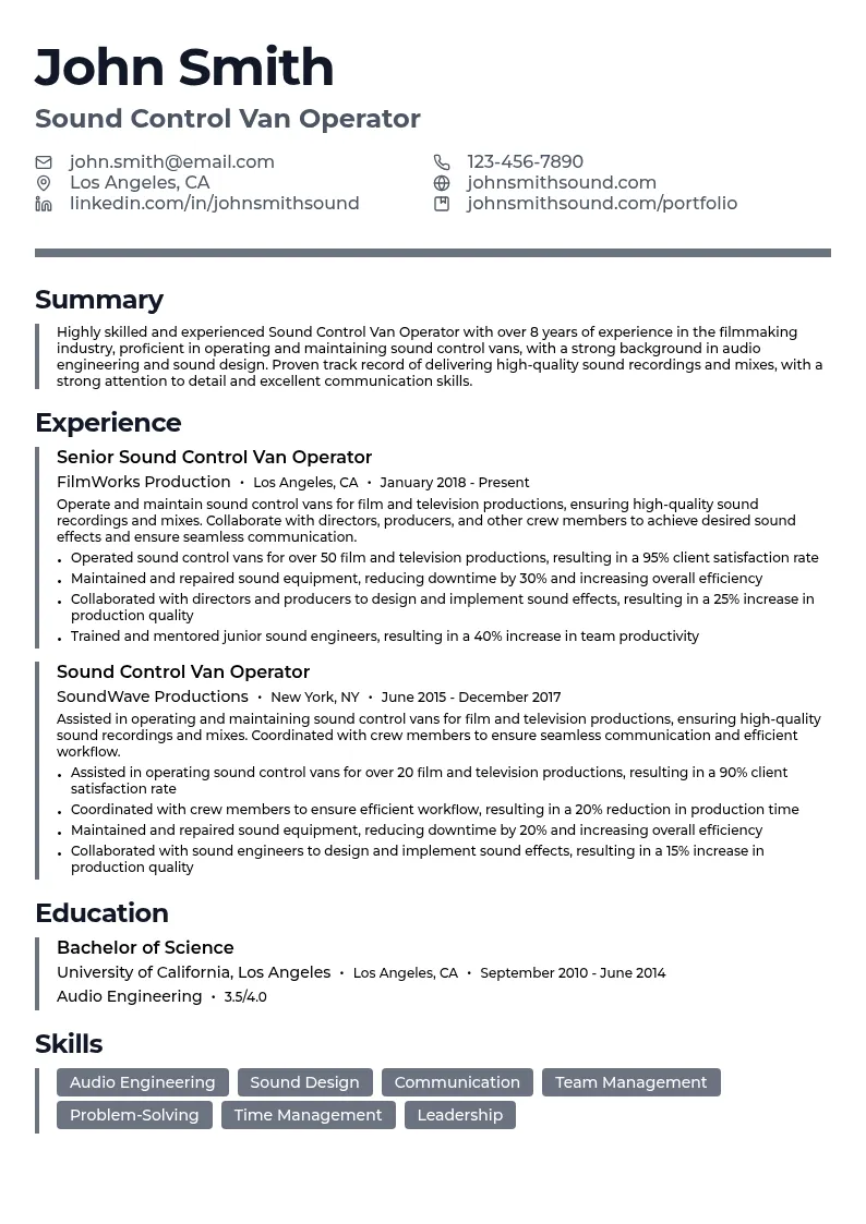 Sound Control Van Operator resume example