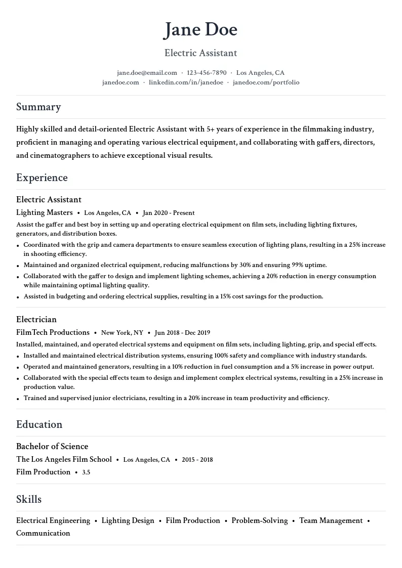 Electric Assistant resume example