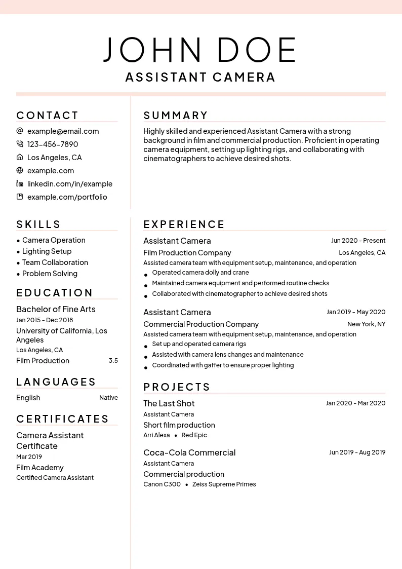 Assistant Camera resume example