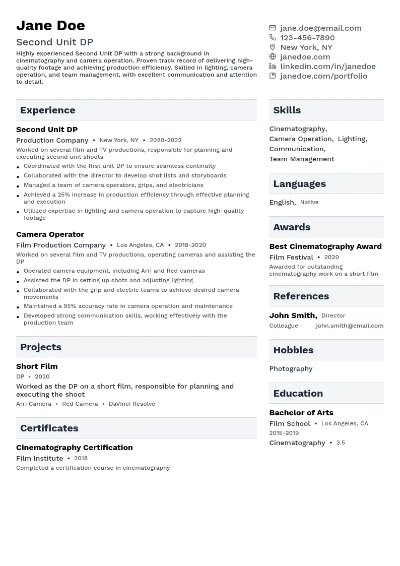 Second Unit DP resume example