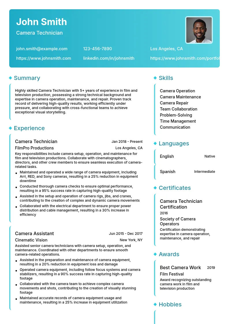 Camera Technician resume example
