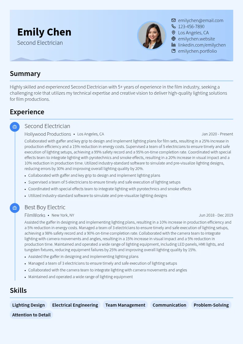 Second Electrician resume example