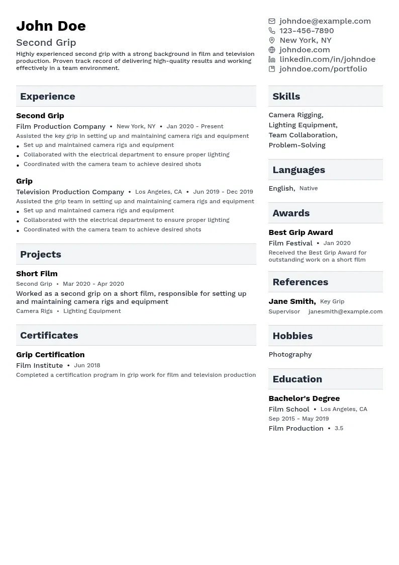 Second Grip resume example