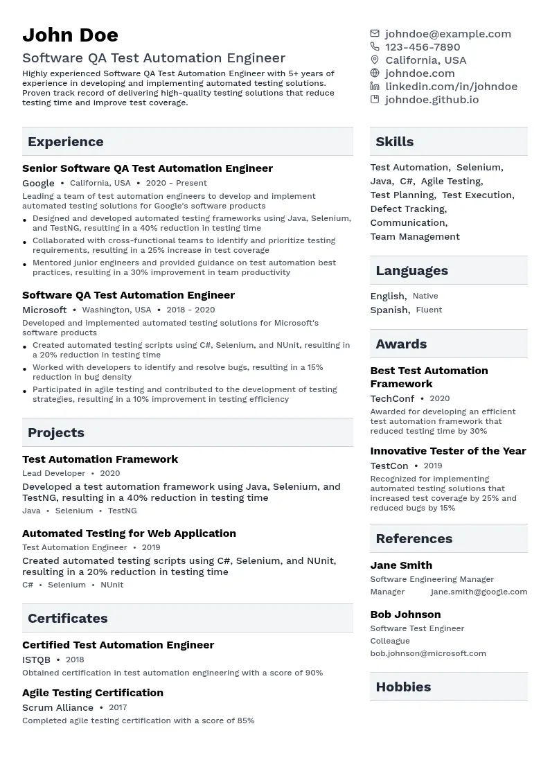 Software QA Test Automation Engineer resume example