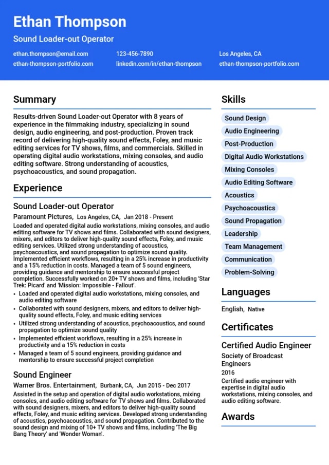 Sound Loader-out Operator resume example
