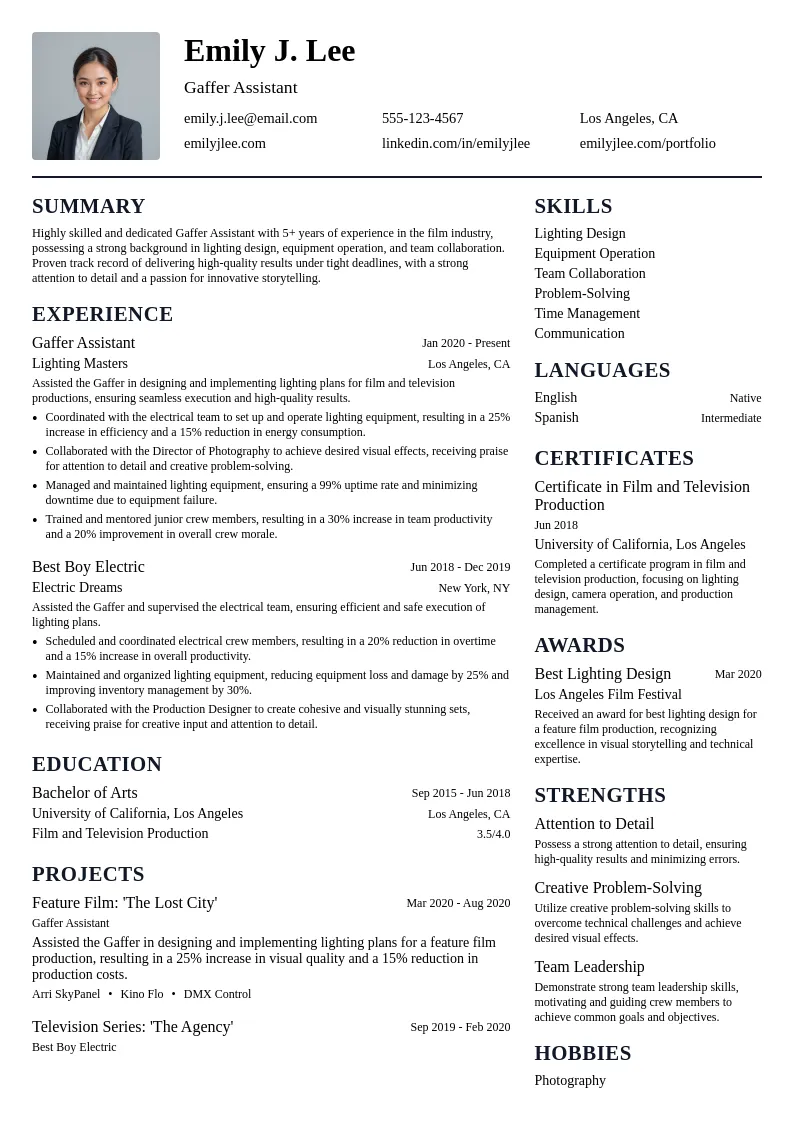 Gaffer Assistant resume example