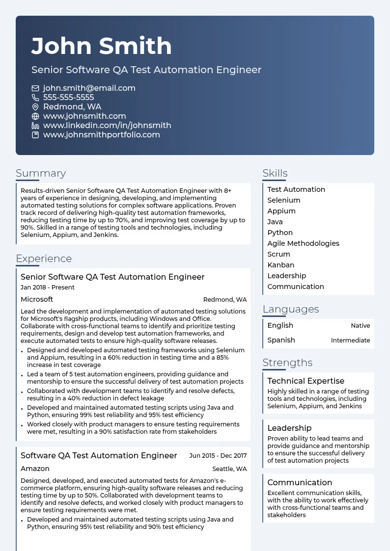 Senior Software QA Test Automation Engineer resume example