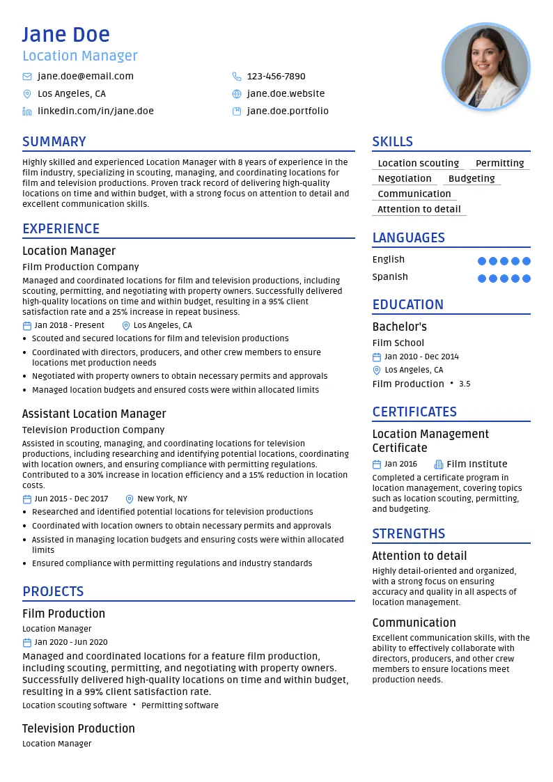 Location Department resume example