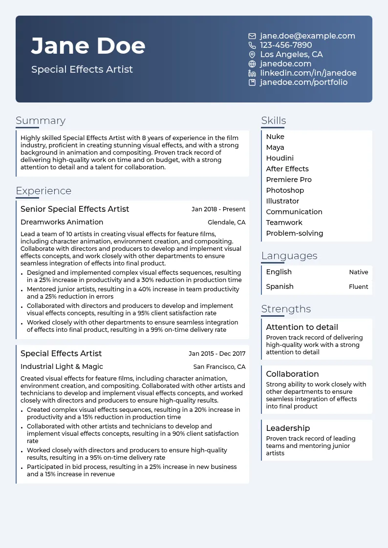 Special Effects Artist resume example