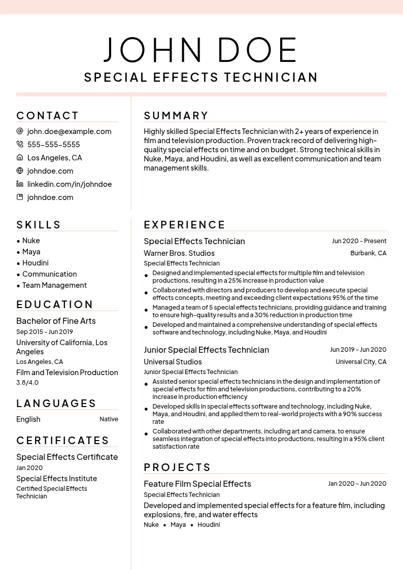 Special Effects Technician resume example