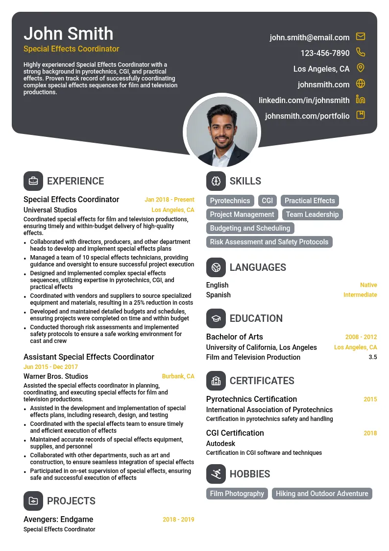 Special Effects Coordinator resume example