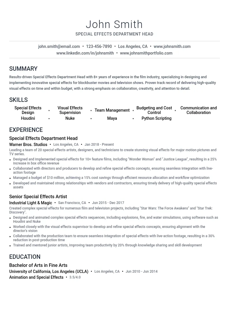 Special Effects Department Head resume example