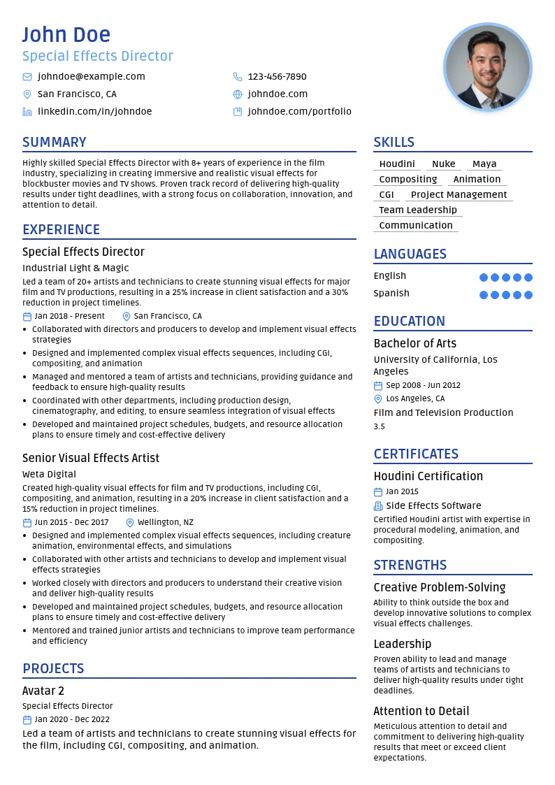 Special Effects Director resume example
