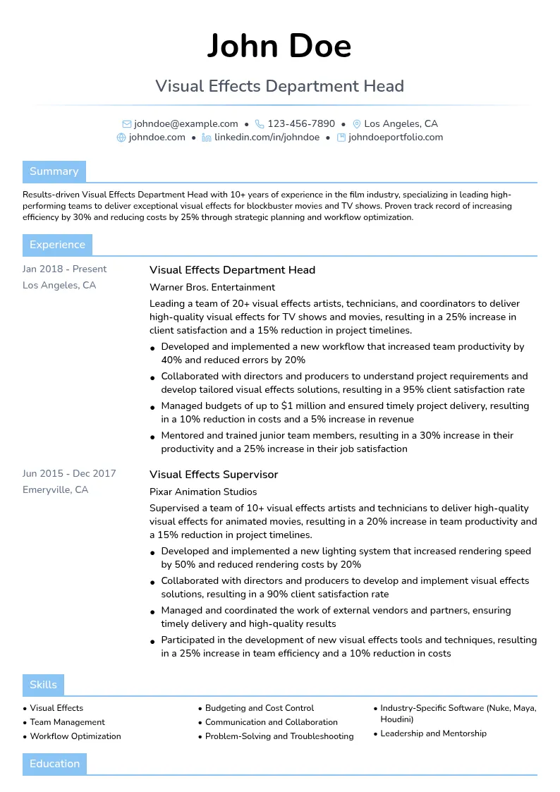 Visual Effects Department Head resume example