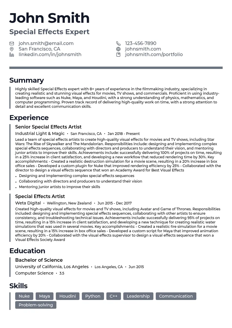 Special Effects resume example