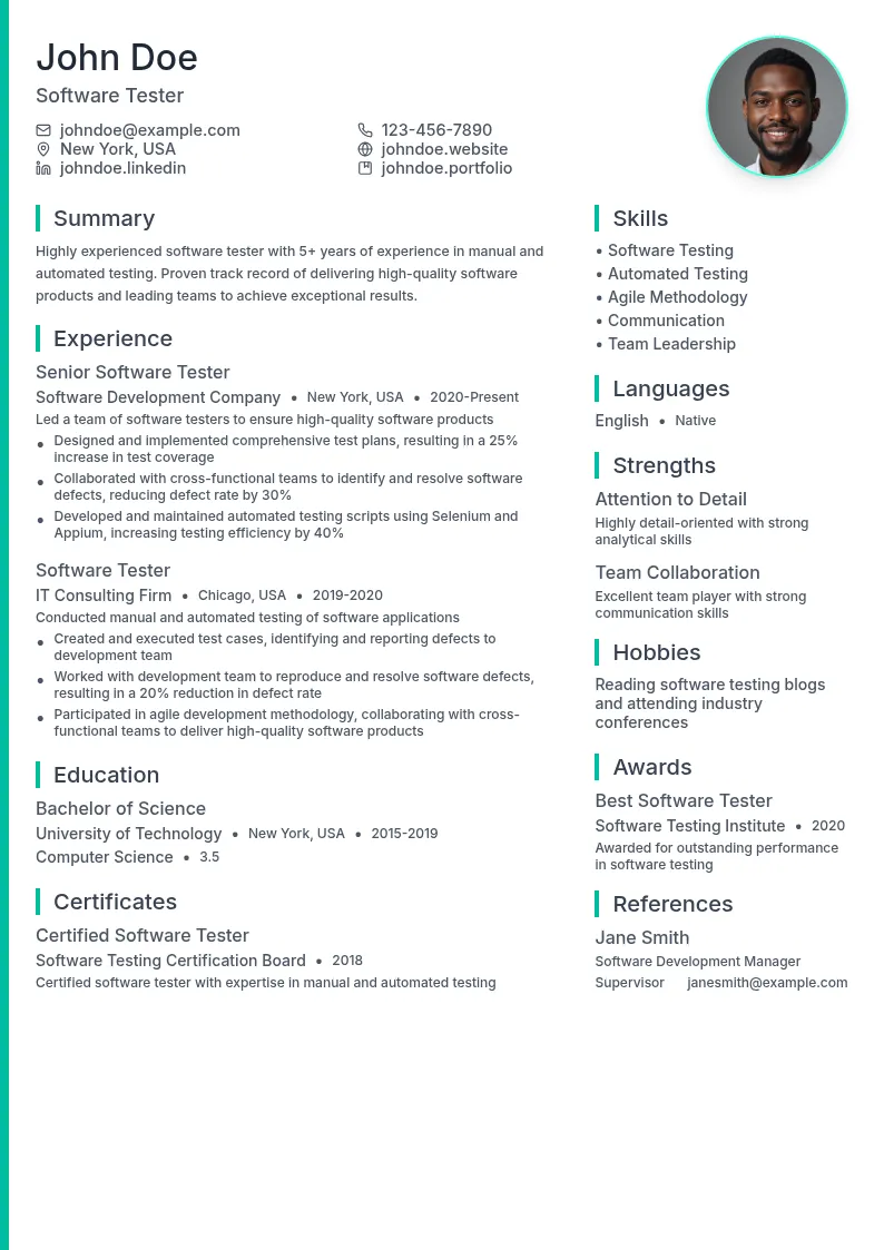 Software Tester resume example