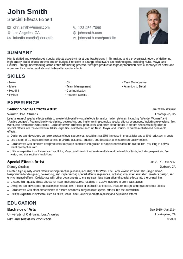 Special Effects Department resume example
