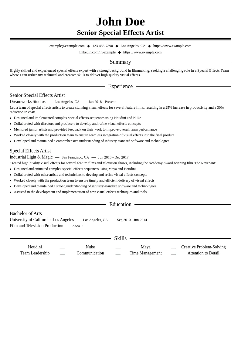 Special Effects Team resume example