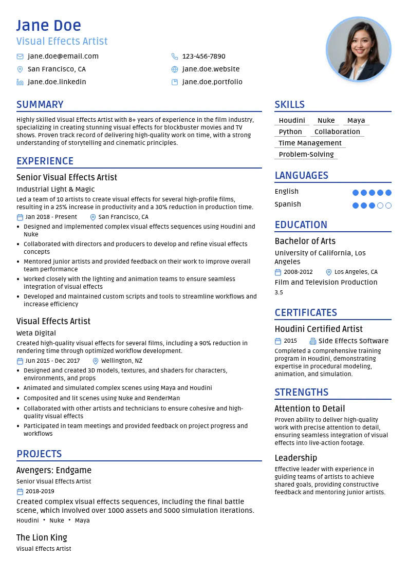 Visual Effects Team resume example