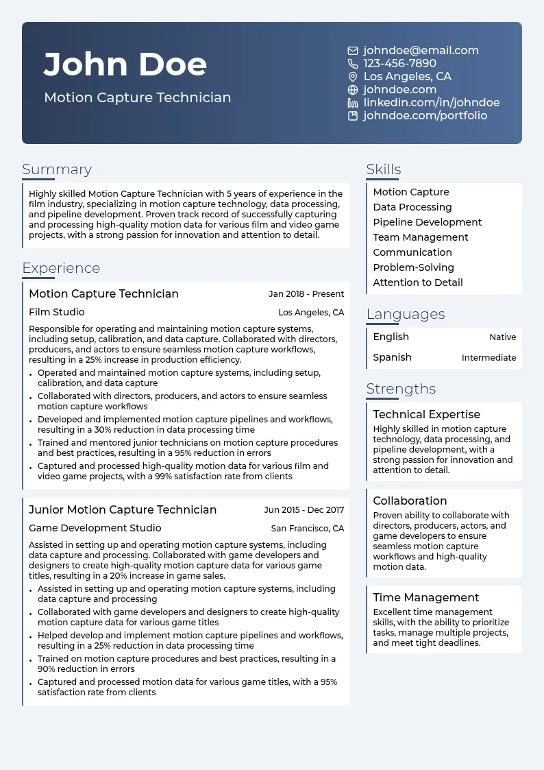 Motion Capture Technician resume example