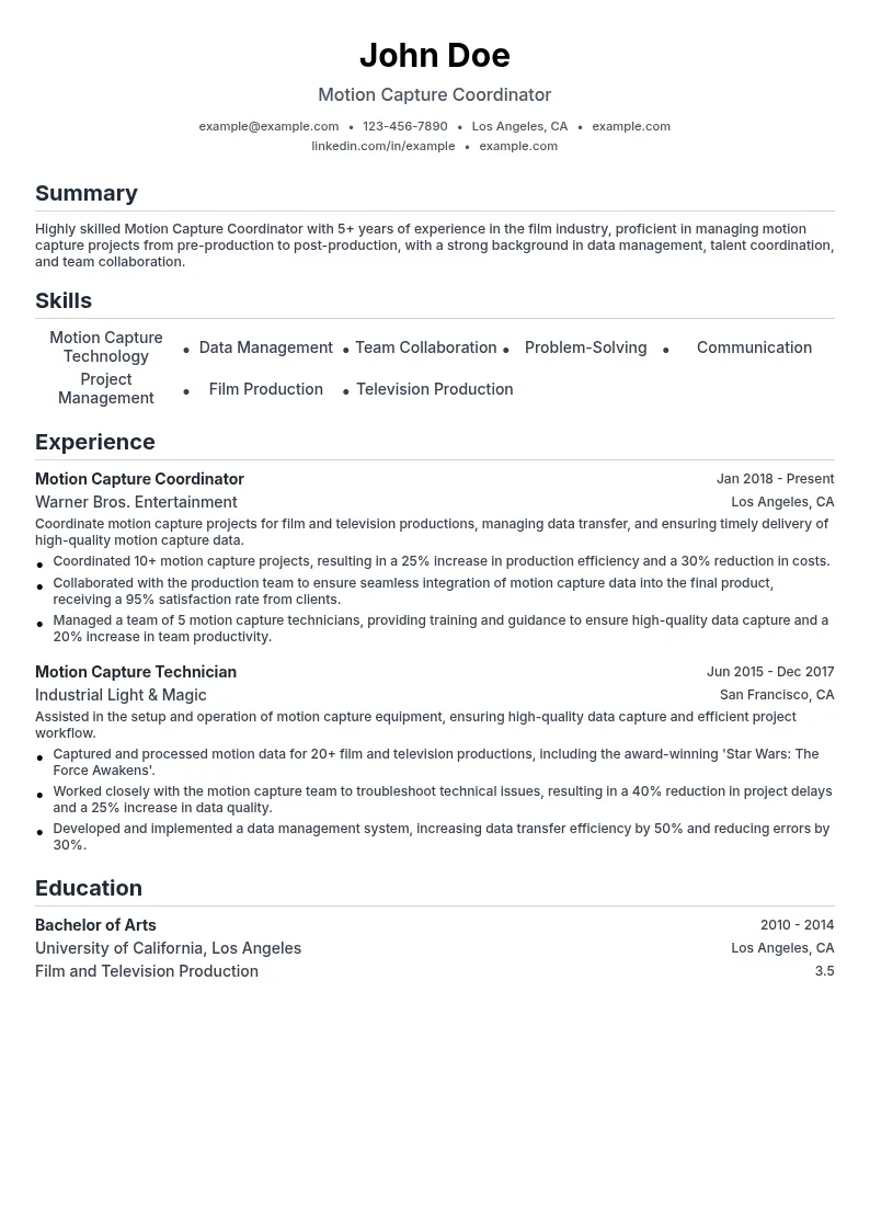 Motion Capture Coordinator resume example