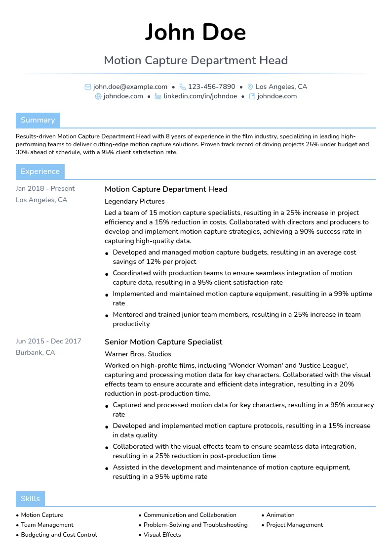 Motion Capture Department Head resume example