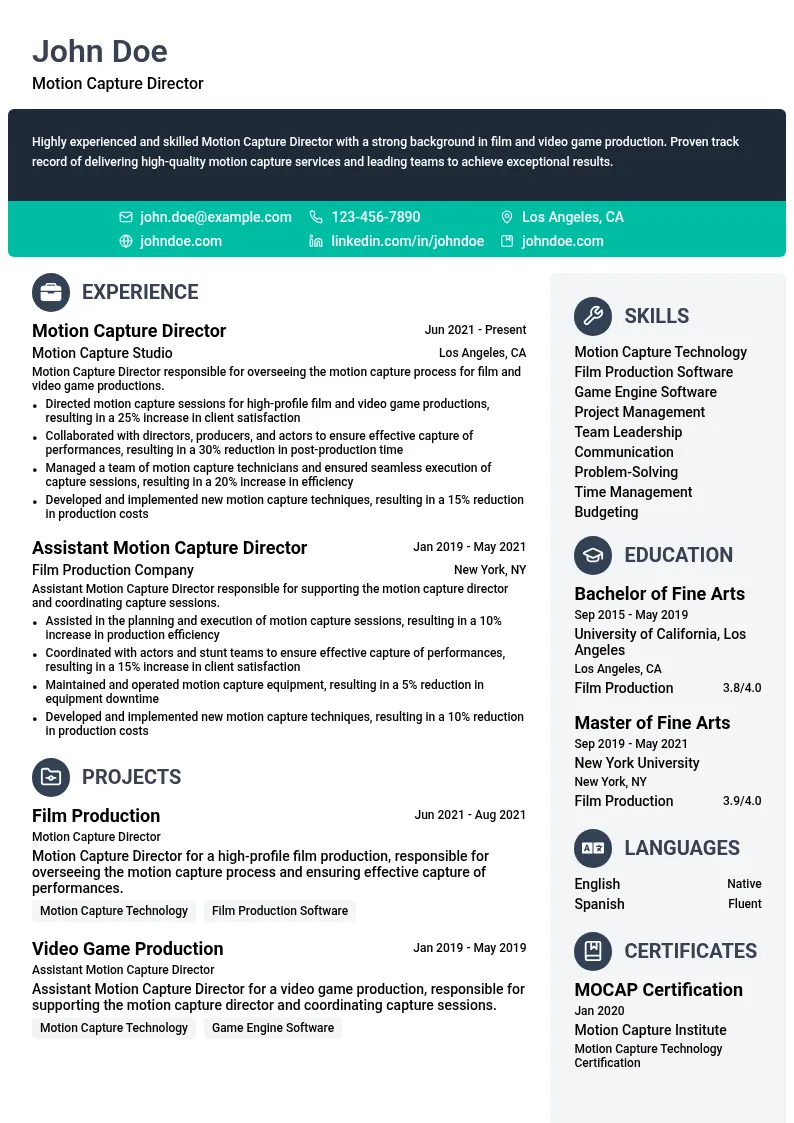 Motion Capture Director resume example