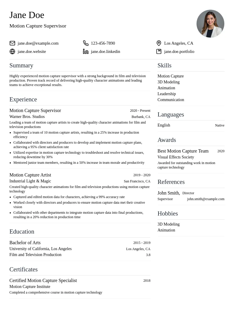Motion Capture Supervisor resume example