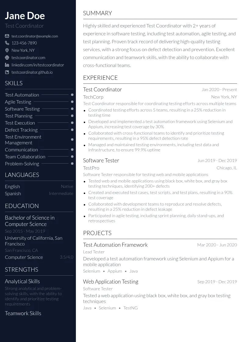 Test Coordinator resume example