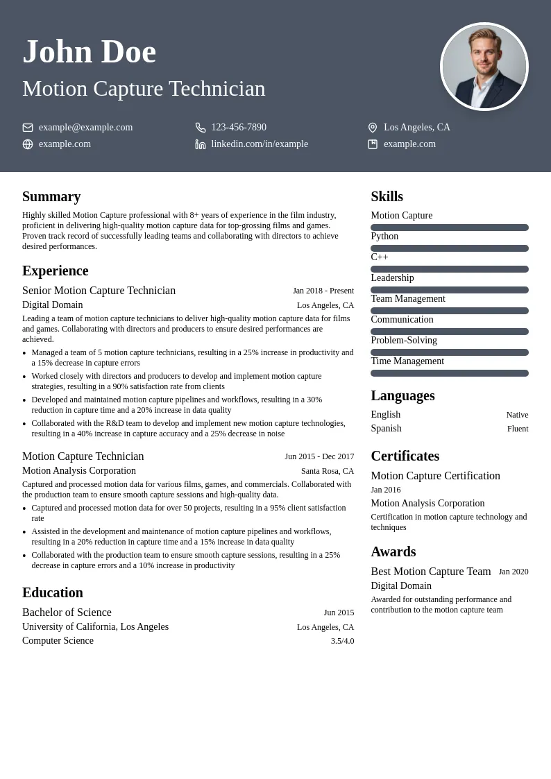 Motion Capture resume example