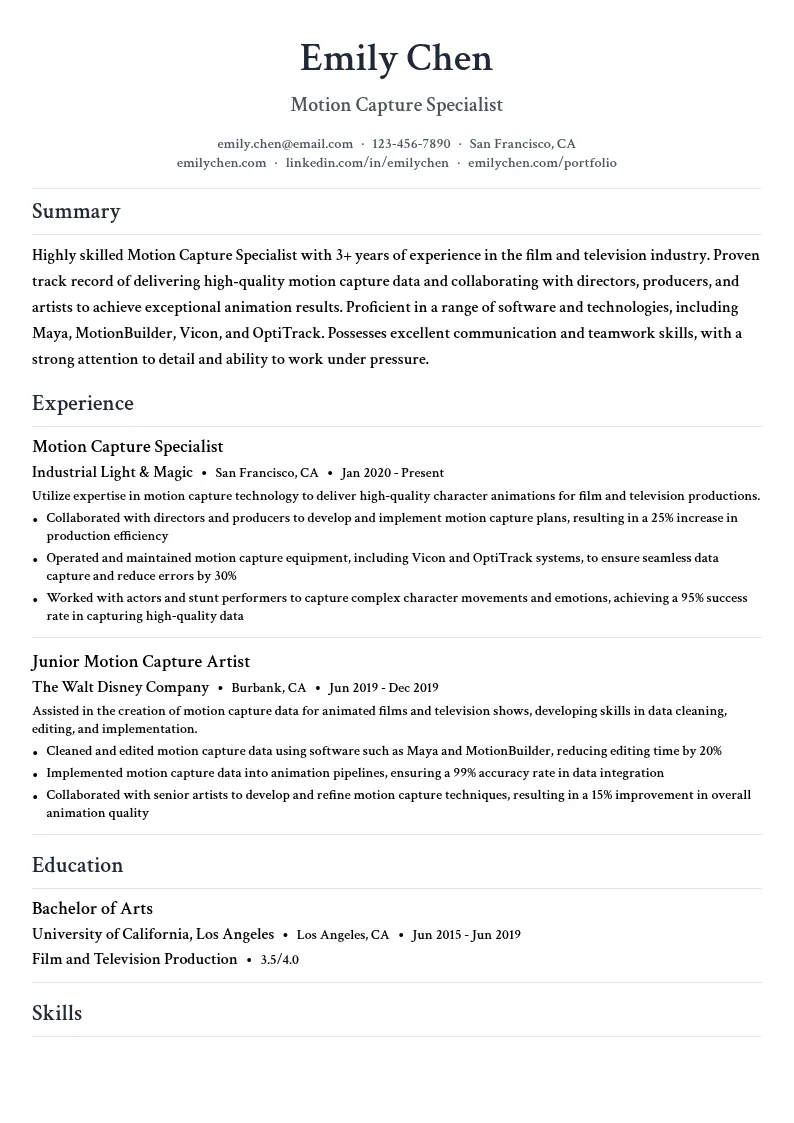 Motion Capture Department resume example
