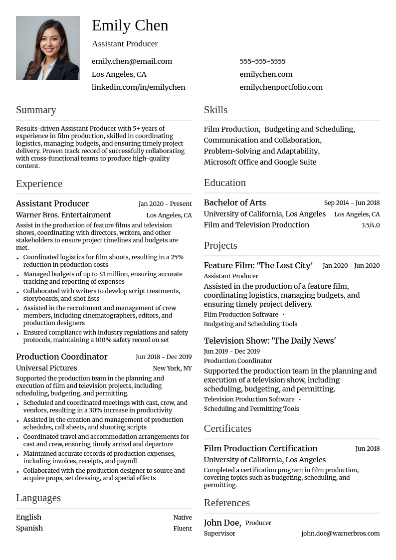 Assistant Producer resume example