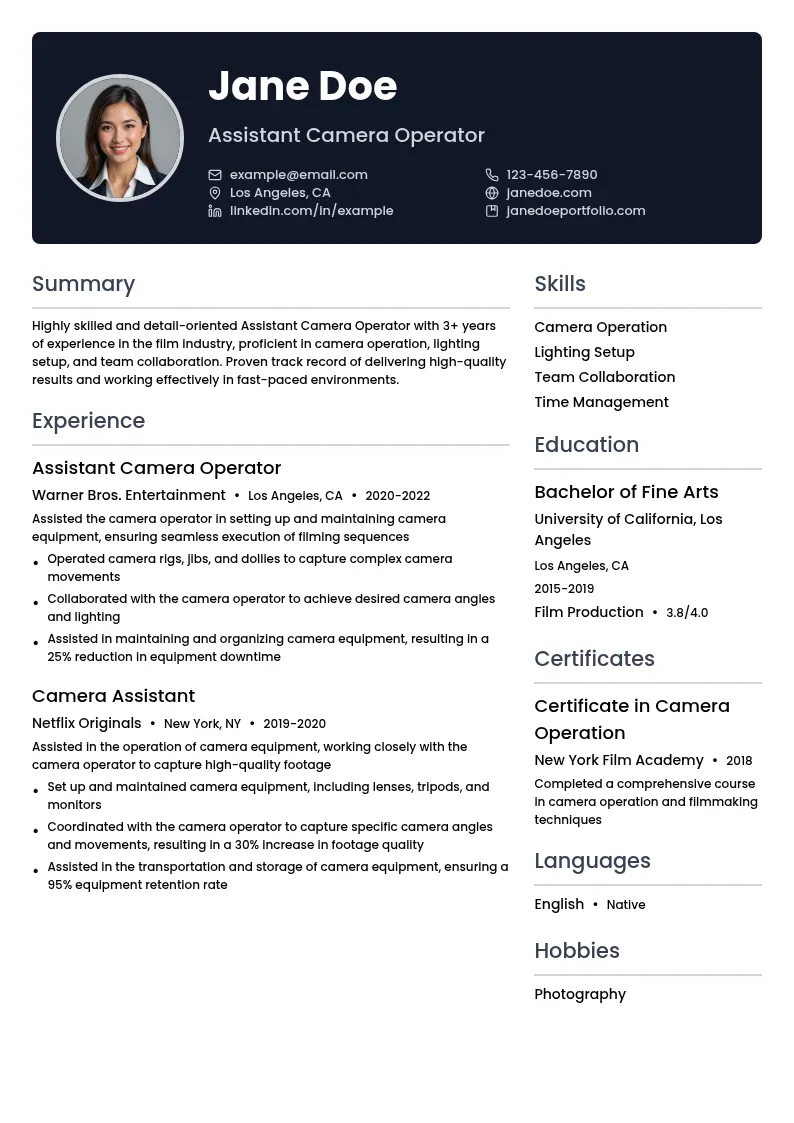Assistant Camera Operator resume example