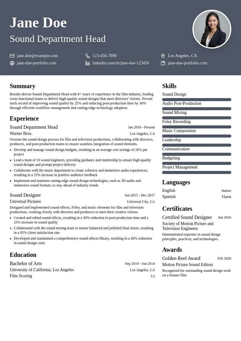 Sound Department Head resume example