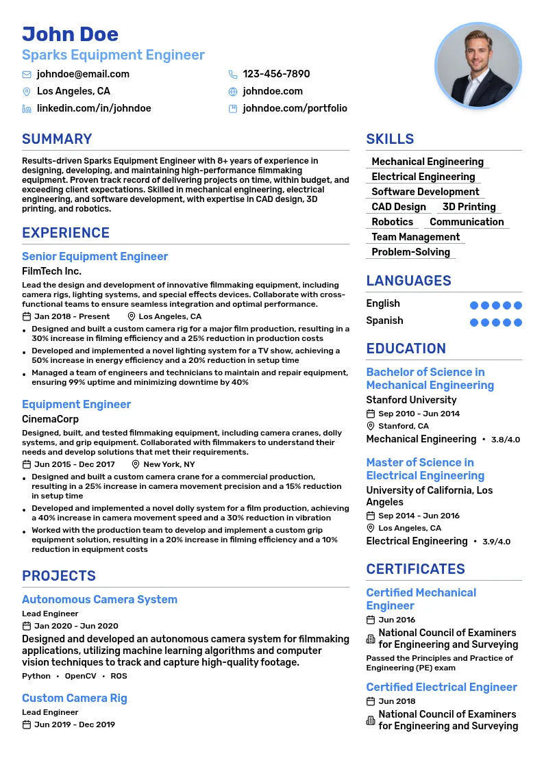 Sparks Equipment Engineer resume example